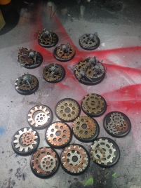 Some spiders and some scrap markers. I ran out of super glue so nothing is attached to the bases, but this is a good idea of how they will be positioned.