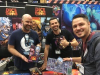 Charlie with the Dice Throne guys and the character he worked on with them